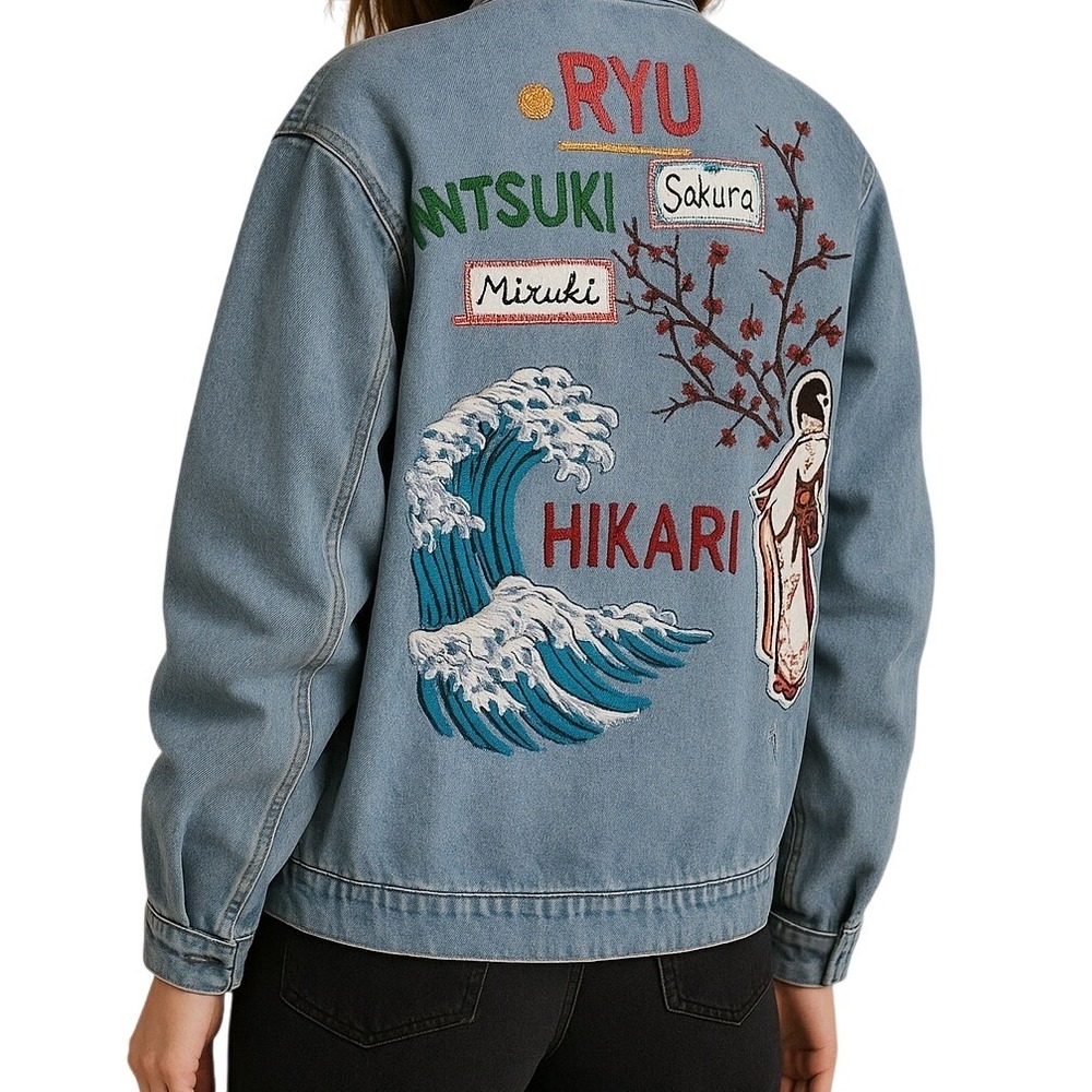 Zara Trafaluc Denimwear Bomber Jacket Embroidered Asian Inspired‎ XS